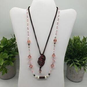 Elegant Pink White Brown and Brown Pink Pendant Beaded Layered Style Necklaces